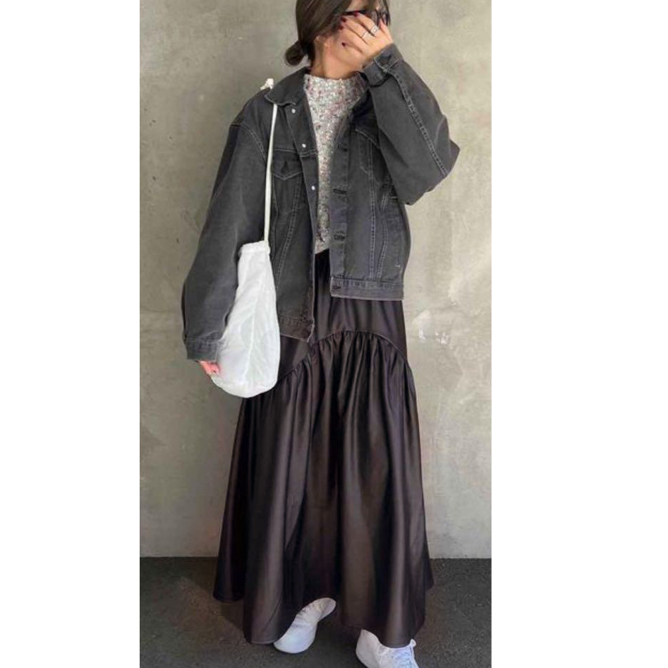 松紧腰拼接大裙摆长裙薄绒半身裙