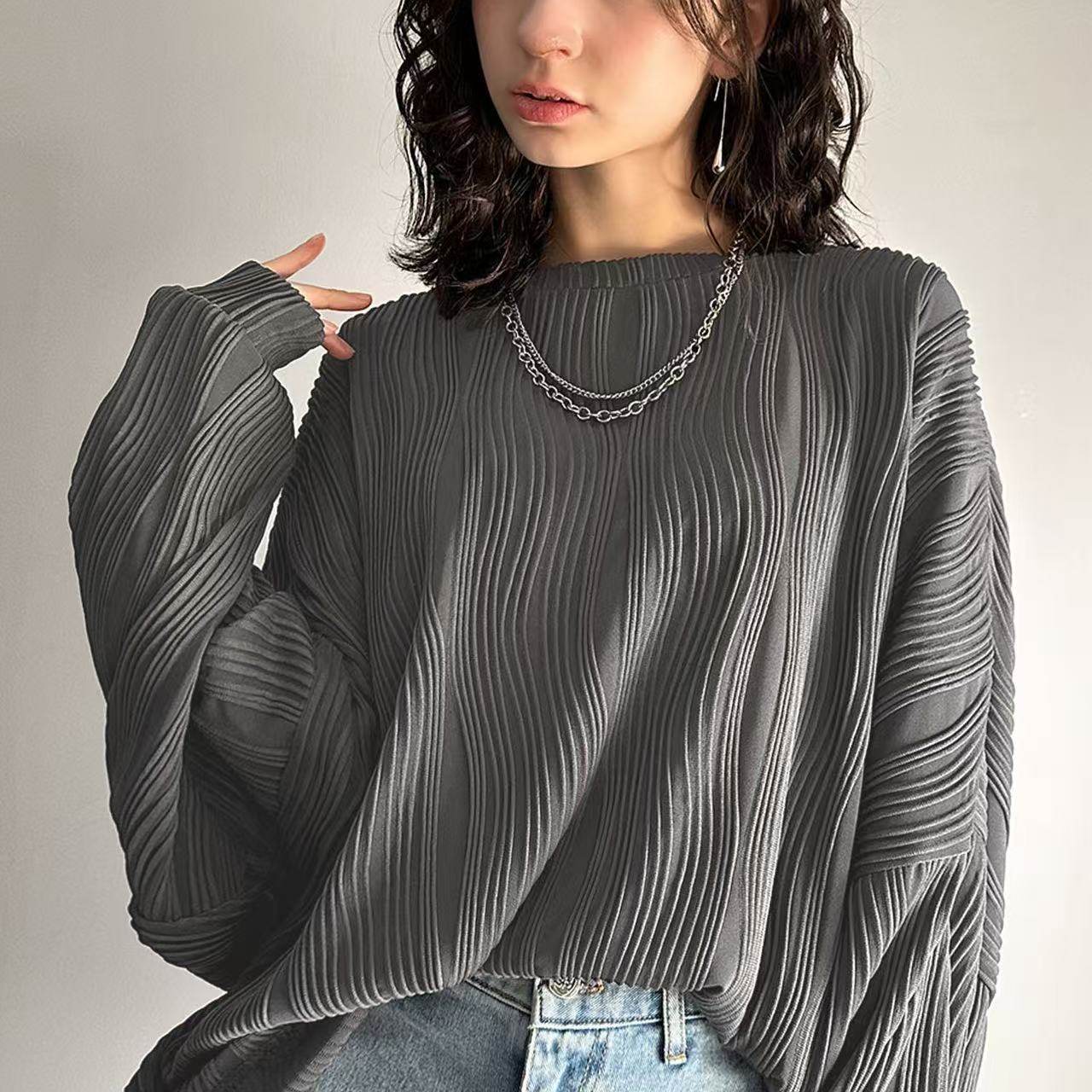 杨柳褶皱坑条纹理长袖卫衣男女