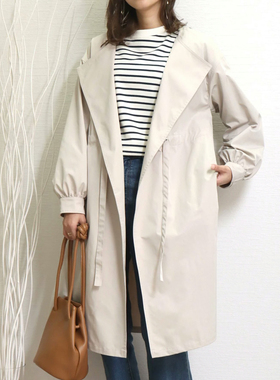 日单品牌春秋新款简单休闲大版翻领带抽绳中长款风衣外套29881