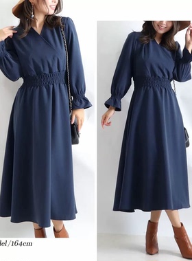 日单大码女装春秋新款简约优雅成熟交叉V领松紧腰长袖连衣裙26319
