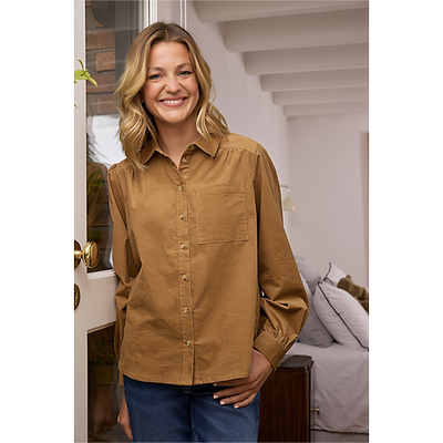 百搭翻领系扣口袋灯芯绒长袖衬衫