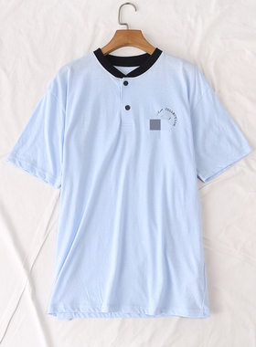 日单夏季新款简单休闲撞色鸡心领两粒扣印花短袖T恤上衣男女19929