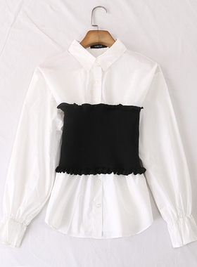 日单春秋新款时尚辣妹设计感翻领针织腰封收腰长袖棉衬衫女28266