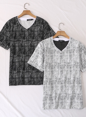 日单夏季新款简单休闲时尚假两件鸡心领拼接针织T恤上衣男女25839