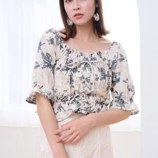 日单品牌夏季新款甜美优雅淑女松紧交叉绑带束腰短衬衫小衫29877