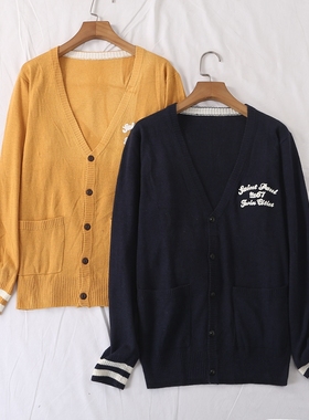 日单春夏新款休闲条纹字母刺绣长袖纽扣开衫针织衫外套男女22147