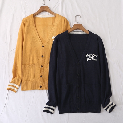 纽扣针织衫条纹字母刺绣开衫外套