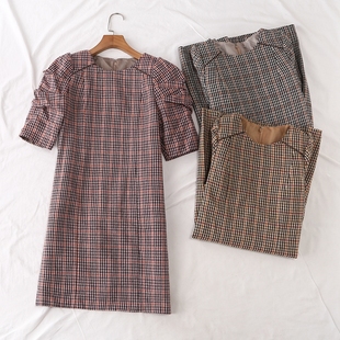 连衣裙19767 圆领后背拉链皮质拼接垫肩中袖 日单秋新款 高级感时装