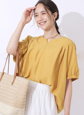 日单品牌夏季优雅百搭气质小V领一粒扣松紧蝙蝠袖短袖衬衫女33305