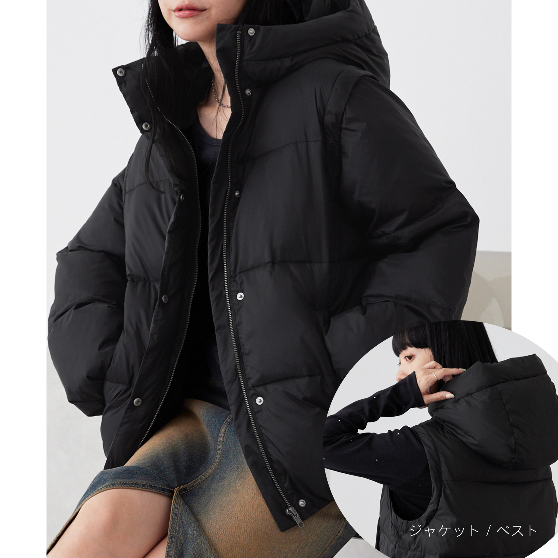 连帽两穿棉衣马甲抽绳短棉服外套