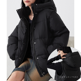 日单冬季新款时尚厚实保暖连帽两穿棉衣马甲抽绳短棉服外套31569