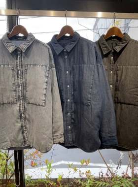 日单冬季新款休闲百搭翻领系扣方形口袋内夹棉牛仔棉衣外套31560