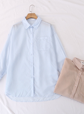 日单春夏轻盈透视感翻领宽松大版系扣细条薄长袖衬衫防晒衫25281