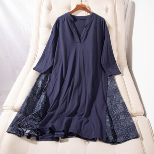 超值！日单春秋民族风文艺深V领侧边花纹拼接宽松大版连衣裙29759