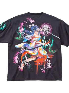 日单品牌春夏新款日系潮范宽松大码后背美女印花棉T恤男女29316