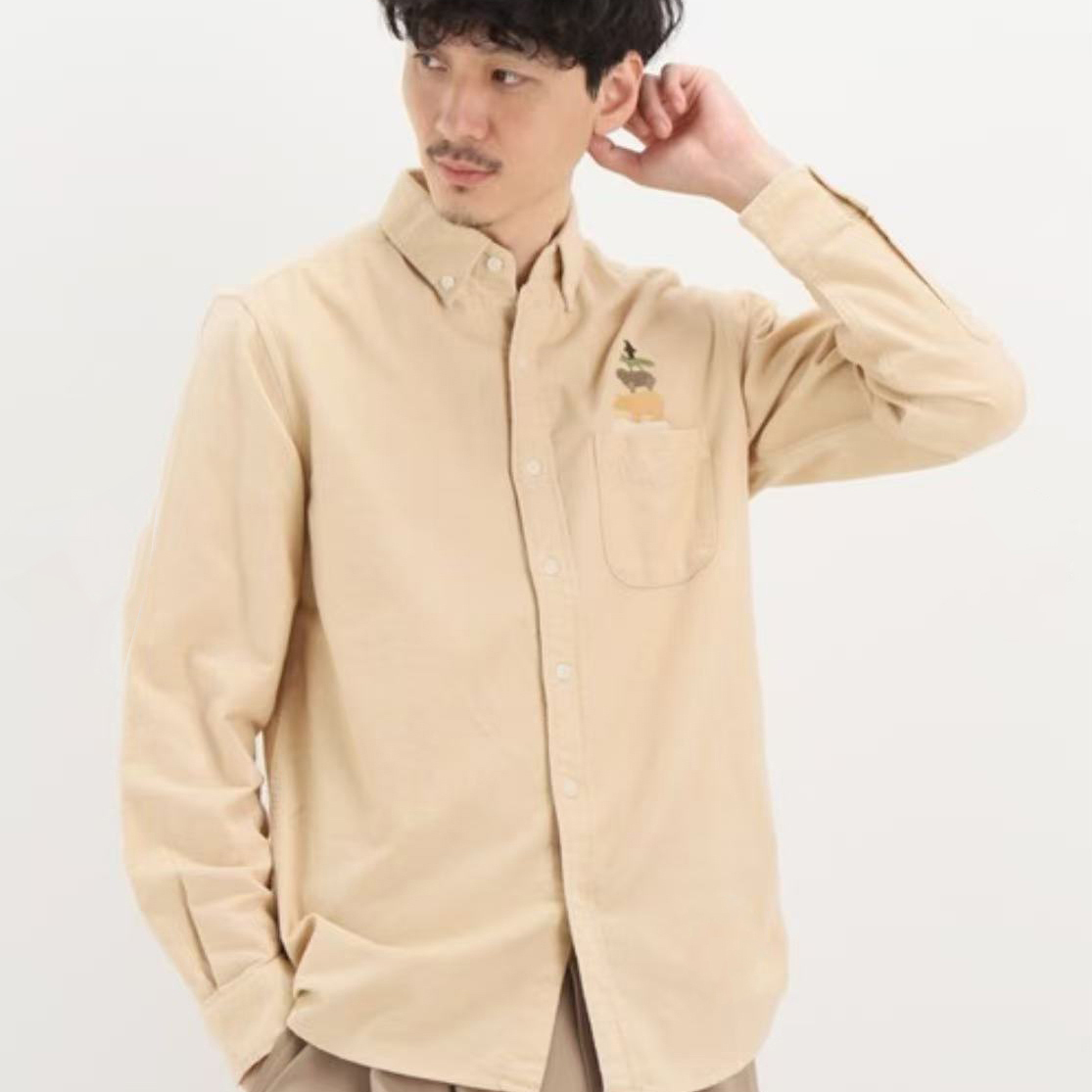 翻领动物叠叠乐口袋磨毛棉衬衫