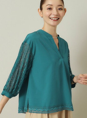 日单品牌春夏新款清新气质百搭V领蕾丝七分袖雪纺衫衬蕾丝衫29263