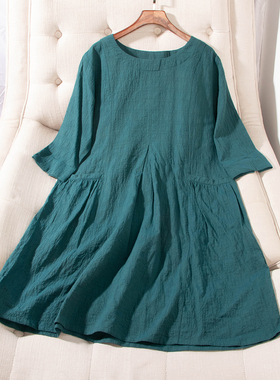 日单春夏新款休闲文艺范松弛感圆领褶皱棉七分袖连衣裙女27636