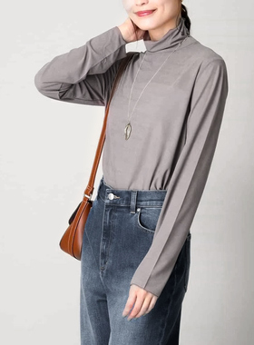日单秋新款简单百搭亲肤舒适木耳边高领轻薄长袖打底衫小衫31216