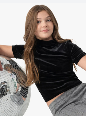 外贸单春秋新款少女学生时尚百搭亲子装打底衫金丝绒短袖T恤22993