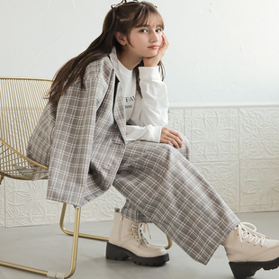 外套休闲裤 日单童装 英伦风翻领系扣格纹西装 时尚 女29767 春秋新款