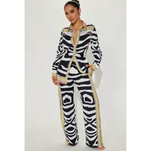 欧美单品牌春秋时尚翻领黑白印花衬衫+松紧腰长裤套装大码女27531