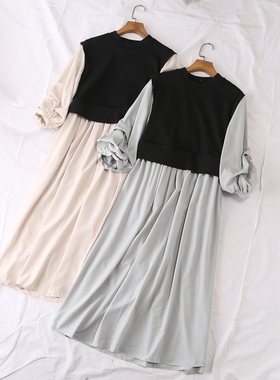 日单秋季日系文艺针织马甲拼接七分堆堆袖收腰假两件连衣裙29868