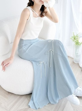 日单mily bil*春夏少女甜美松紧腰杨柳褶皱肌理感系带鱼尾裙26819