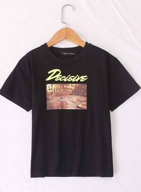 日单童亲子装夏季新款圆领字母刺绣游戏画面印花棉短袖T恤26111