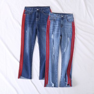 饰破洞牛仔裤 春秋新款 一粒扣中腰侧边针织装 个性 11002 时尚