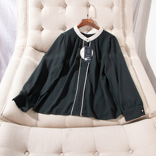 雪纺衫 百搭气质OL拼色前襟一粒扣长袖 27290 时尚 日单品牌春秋新款