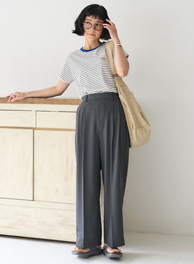 日单品牌春秋新款时尚休闲百搭松紧腰后口袋休闲直筒西装裤31429