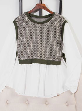 日单品牌秋冬新款休闲知性针织马甲拼接长袖衬衫假两件小衫31470