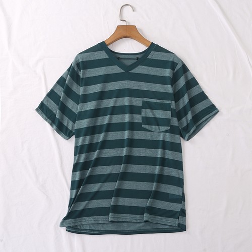 短袖鸡心领柔软胸前口袋条纹