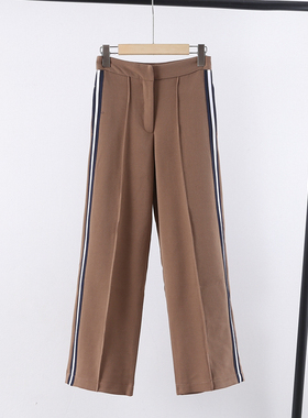 秋季新款时尚休闲百搭高腰显瘦女裤侧缝拼色阔腿裤长裤13740