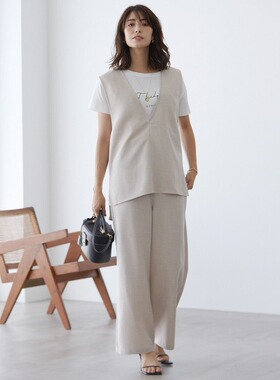 日单品牌春夏新款时尚气质聚酯乱麻质感半松紧腰直筒西装裤24661