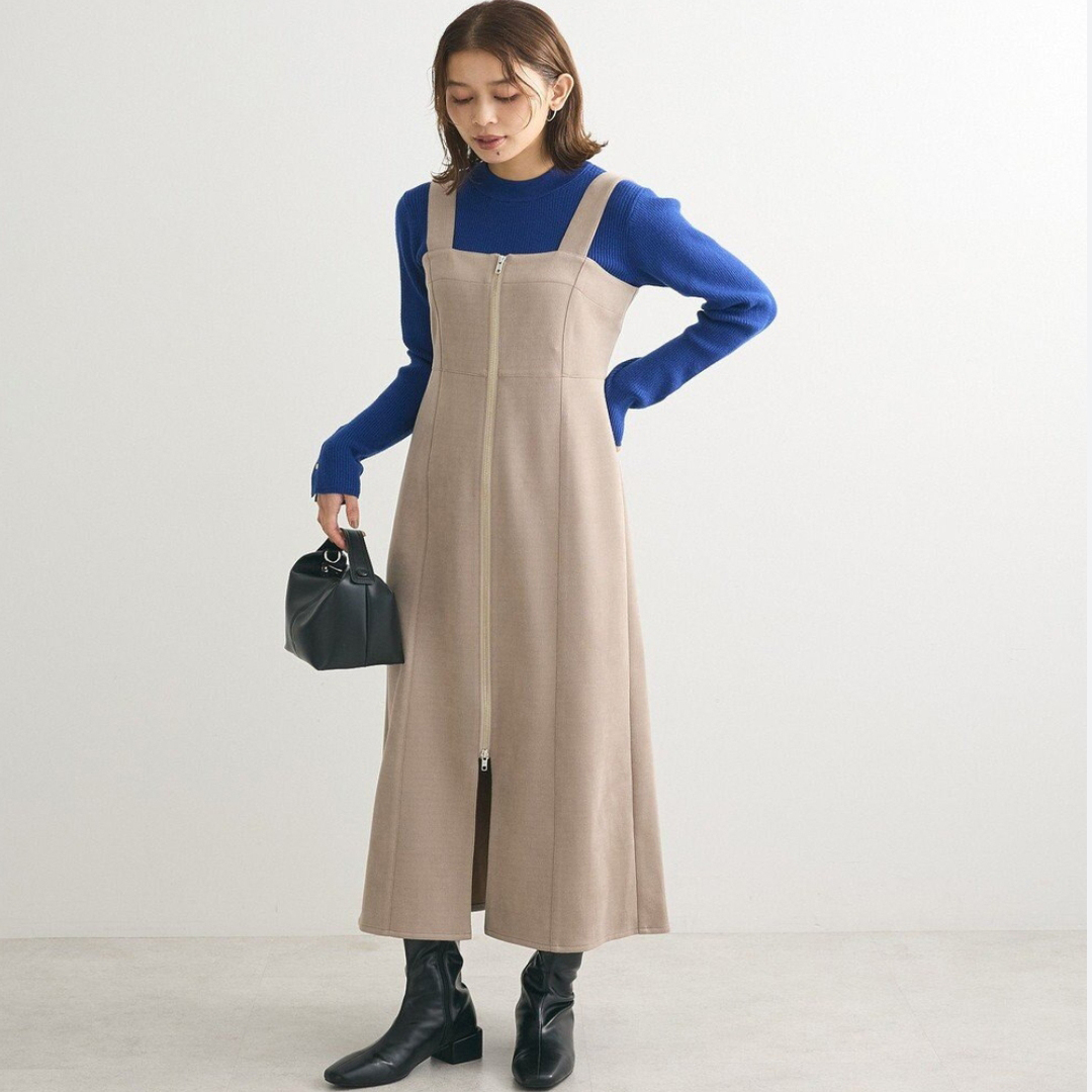 可调节前拉链麂皮绒背带连衣裙女