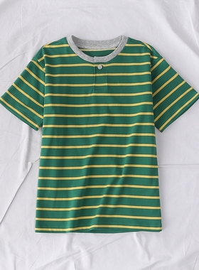 日单夏季新款学生装亲子装简单休闲百搭撞色圆领条纹短袖T恤18728