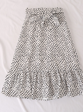 日单品牌春秋新款百搭半松紧腰带系带两穿豹纹印花半身裙女27129