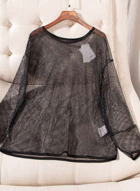 日单春夏新款时尚小性感圆领镂空透视感亮丝罩衫蕾丝衫上衣30347