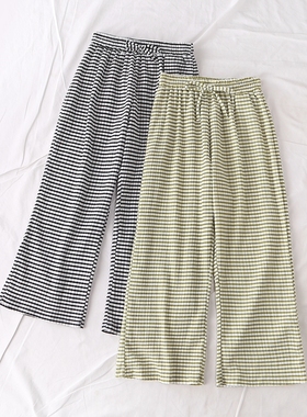 日单春夏亲子清新文艺范松紧腰系带条纹褶皱肌理感直筒长裤19548