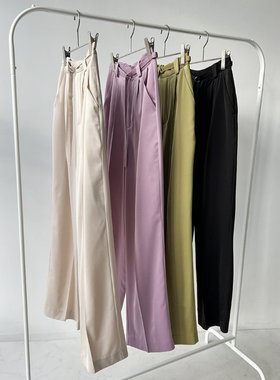 日单秋冬新款时尚高级感金属扣带腰带直筒裤缎面休闲裤女裤24801