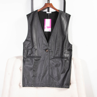 日单品牌秋冬新款时尚休闲百搭v领一粒扣内里磨毛PU皮马甲女28979