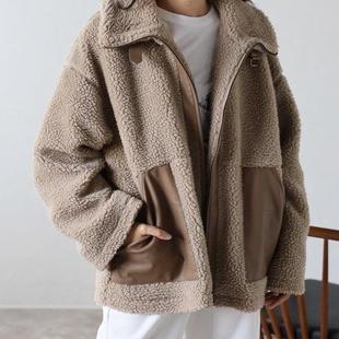 日单品牌秋冬新款 洋气百搭保暖立领拼色羊羔毛外套棉衣27943 时尚