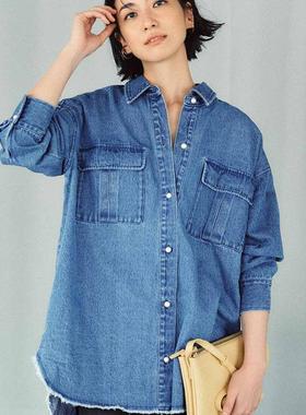 日单品牌秋冬新款时尚珍珠系扣棉长袖厚牛仔衬衫外套女25119