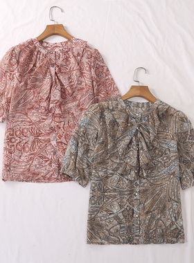 夏季新款荷叶边圆领中袖纽扣款印花雪纺衫上衣纽扣随机发23217