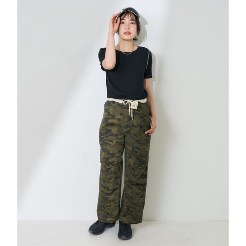 日单高腰抽绳迷彩牛仔裤女