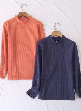 日单秋冬新款亲肤舒适温暖小中领竖坑条磨毛长袖T恤打底衫女25149