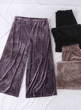 日单春秋新款时尚好看成熟松紧腰竖条金丝绒阔腿裤大码长裤18572