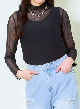 日单秋季新款简单时尚性感纯色轻薄高领透视蕾丝衫打底衫女30741